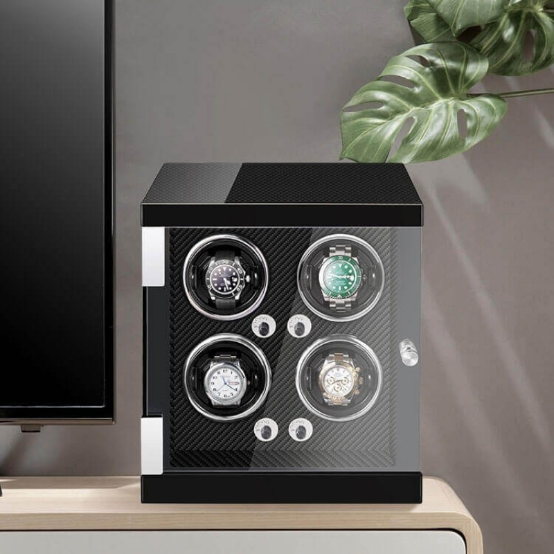 Luxury Vertical Wooden 4 Watch Winder with Carbon Fiber Luxury Vertical Wooden 4 Watch Winder with Carbon Fiber
