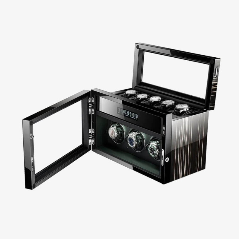 Luxury 3 Watch Winder with Extra Storage in Striped Ebony Wood - Dark Warrior Luxury 3 Watch Winder with Extra Storage in Striped Ebony Wood - Dark Warrior