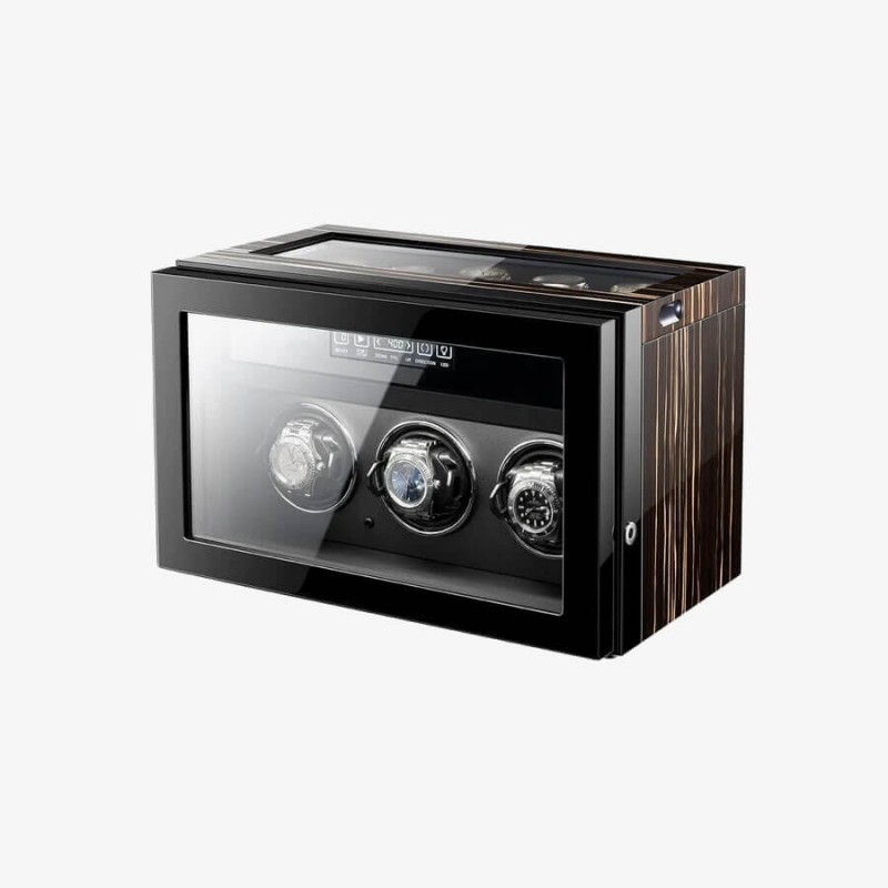 Luxury 3 Watch Winder with Extra Storage in Striped Ebony Wood - Dark Warrior Luxury 3 Watch Winder with Extra Storage in Striped Ebony Wood - Dark Warrior
